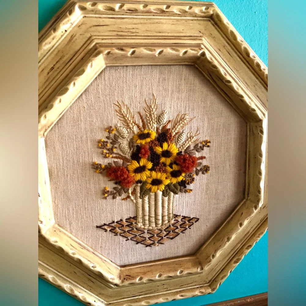 11047 Mid Century Boho Hand Worked Floral Crewelwork in Octagon Ceramic Frame